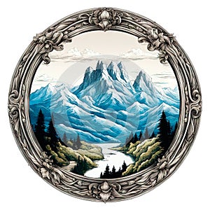 Round tondo emblem on a white background is isolated with a mountain landscape photo