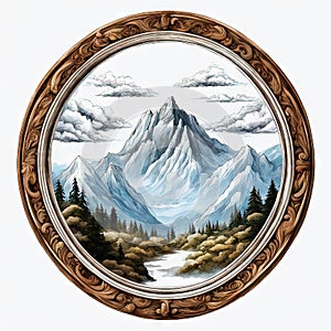 Round tondo emblem on a white background is isolated with a mountain landscape photo