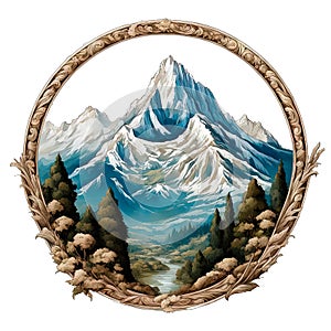 A round tondo emblem on a white background isolated with a mountain landscape photo