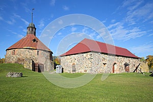 The round tower Lars Torstensson and the Old Arsenal building in the fortress Korela. Priozersk