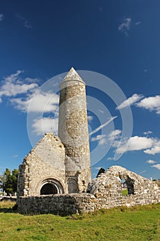 Round tower and temple. Clonmacnoise. Ireland