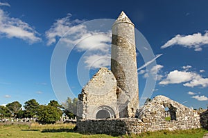 Round tower and temple. Clonmacnoise. Ireland