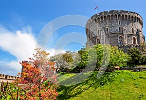 Round Tower of Windsor castle in spring, London suburbs, UK