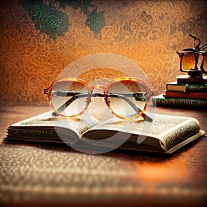 round transparent glasses lying on top of a book