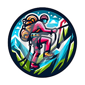 Round travel logo. A climber climbs a mountain overcoming all obstacles. Line art
