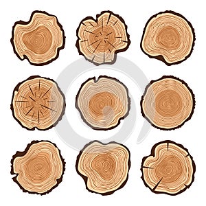 Round tree trunk cuts with cracks, sawn pine or oak slices, lumber. Saw cut timber, wood. Brown wooden texture with tree