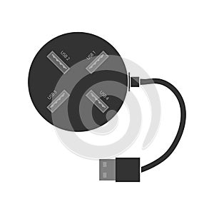 Round USB hub with USB ports, port signature and power cable. A splitter for a computer or laptop. Flat vector