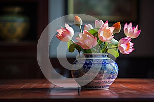 A round vase filled with lotus flowers at the table, colorful arrangement photo