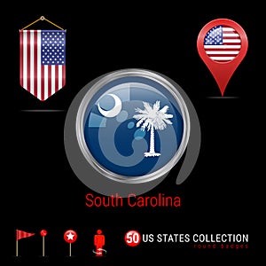 Round Vector Badge with South Carolina US State Flag. Pennant Flag of USA. Map Pointer - USA. Map Navigation Icons