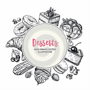 Round vector banner with handdrawn engraving sketch illustration. Sketch poster with sweets desserts bakery collection.