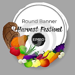 Banner with horn of plenty and vegetables, fruits and mushrooms