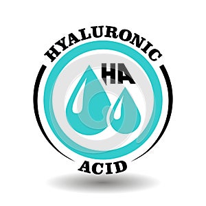 Round vector icon of Hyaluronic acid component with drop sign for HA medical labeling, contain Hyaluron ingredient cosmetics photo