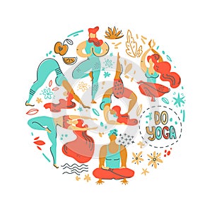 Round vector illustration with yogis people, plants and flowers. Flat simple graphic, scandinavian style.