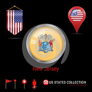 Round Chrome Vector Badge with New Jersey US State Flag. Pennant Flag of USA. Map Pointer - USA. Map Navigation Icons