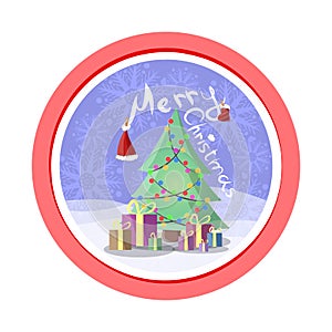 Round vector sticker for the winter holidays in a flat style. Dressed Christmas tree, boxes with gifts and originalyanaya