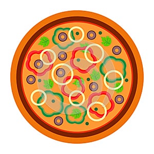 Round vegetarian pizza with green and red pepper in flat style. vector illustration of pizza isolated on white