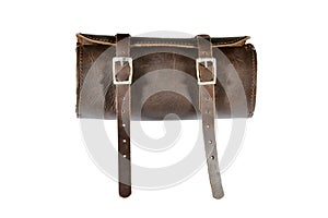 Round vintage leather tool Bag with isolated on white background, pannier or luggage