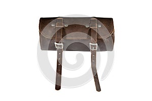 Round vintage leather tool Bag with isolated on white background, pannier or luggage