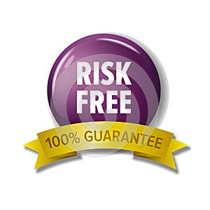 Round violet button with words `Risk Free - 100% Guarantee`