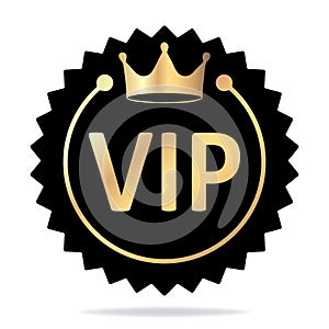 Round VIP vector emblem with crown. Black banner with gold decor. Vector illustration for your design.