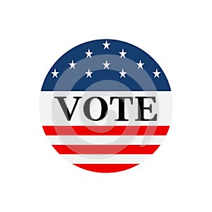 Round VOTE sign badge with American flag stars and stripes pattern in blue red white colors. Presidential election slogan