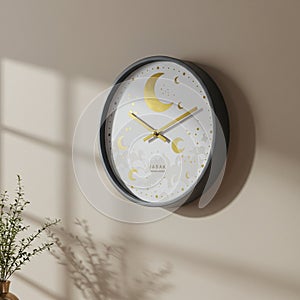 Round wall clock with a dark frame and a white face adorned with golden crescent photo