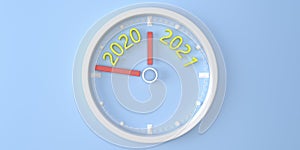 Round wall clock in a minimalist style with the numbers 2021. New year and Christmas concept. 3D visualization