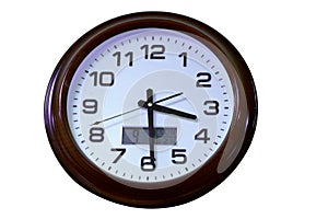 Round wall clock.The minute and second hands.An electronic watch.They show the time