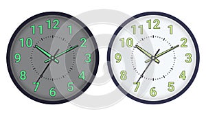 Round wall clock with phosphor backlit numbers and hands.