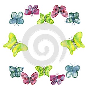 Round watercolor frame of bright colored butterflies isolated on a white background