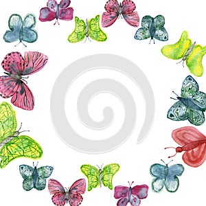 Round watercolor frame of bright colored butterflies isolated on a white background