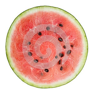 Round watermelon slice isolated on white background. Top view