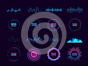 Round waveform. Circular vibration music tune, pulse beat and frequency spectrum, music studio background. Vector