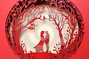 Round wedding composition in beautiful paper cut style design. Stylish abstract red background with marred couple in love.