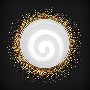 Round white button with gold frame on dark background