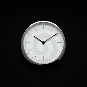 Round white clock with a minimalist design, featuring a simple silver frame and black