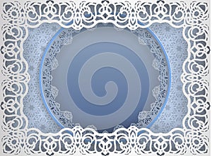 Round white frame in an rectangular frame with lace edges and a abstract background inside. Template for wedding and other congrat