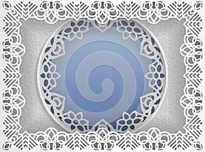 Round white frame in an rectangular frame with lace edges and a abstract background inside. Template for wedding and other congrat