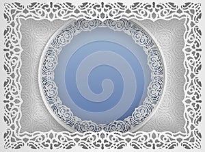 Round white frame in an rectangular frame with lace edges and a abstract background inside. Template for wedding and other congrat