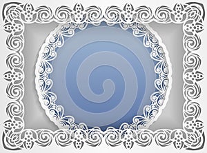 Round white frame in an rectangular frame with lace edges and a abstract background inside. Template for wedding and other congrat