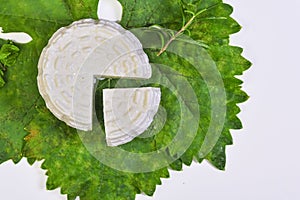 Round white homemade goat milk cheese on vine leaf on a wooden table