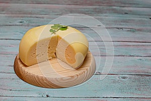 Round white homemade goat's milk cheese on wooden board