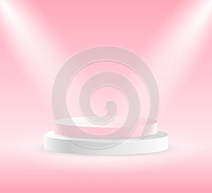Round white and pink stage podium illuminated with light. Stage vector backdrop. Festive podium scene for award ceremony