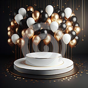 Round white podium platform for black friday sale and gold and black balloons on dark background