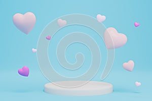 a round white podium to place products or text on a bluebackground with flying hearts. copy paste. 3D render