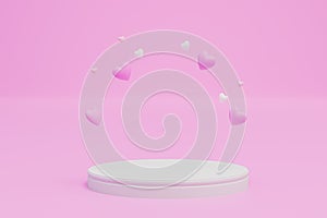 a round white podium to place products or text on a pink background with flying hearts. copy paste. 3D render