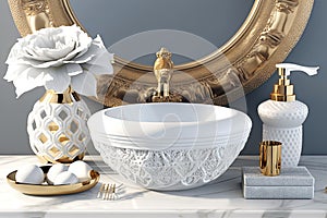 round white wash basin with gold accents and elegant silver accessories