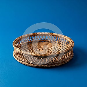 A round wicker basket is displayed against a solid blue background