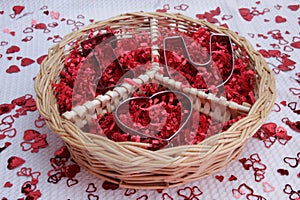 round wicker basket with PEACE symbol. logo, cookie cutters I heart u valentines