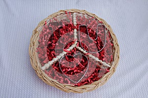 round wicker basket with peace symbol logo, I HEart love u cookie cutters. VALENTINES LOVE